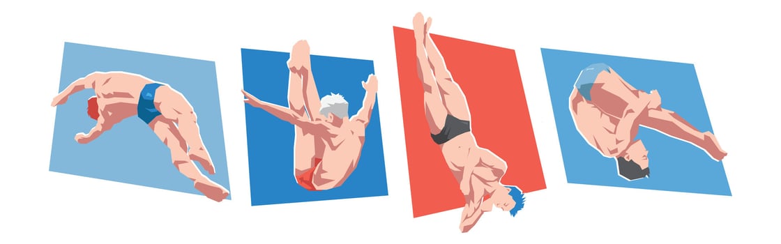 Set of male diving sport. Female athlete character doing spin in the air. Flat illustration. vector