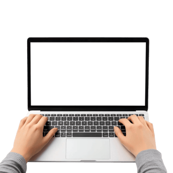 Hands Using laptop white screen front view isolate on transparent background png