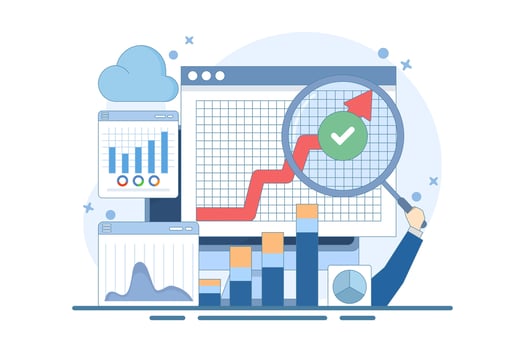 Big Data and Cloud Computing Concept. Businesses use remote servers to analyze large data sets and identify errors. Actionable data concept. Flat illustration on background. vector