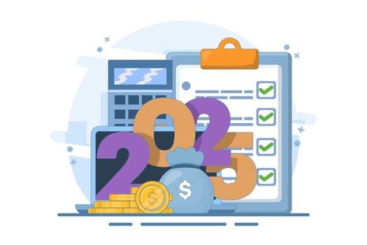 budget concept for 2025. Business or family financial planning. Explore the booth near the date 2025, calculator, coins, globe. Modern flat style, flat design illustration. vector