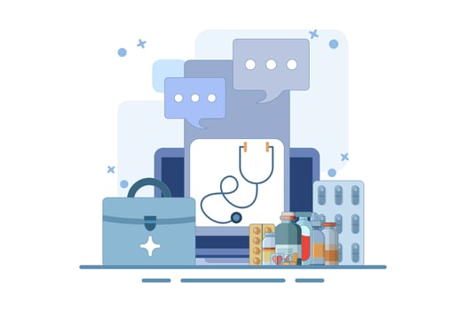 Online health telemedicine concept. Online medical consultation and healthcare services via internet clinic mobile application connected to computer. Online doctor consultation. Illustration vector