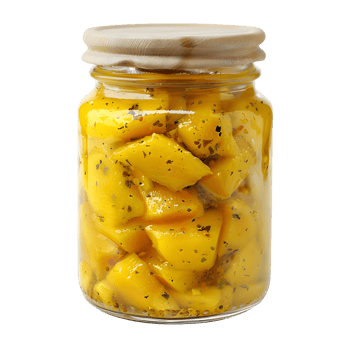 Glass jar filled with preserved yellow fruit slices, isolated on a transparent background png