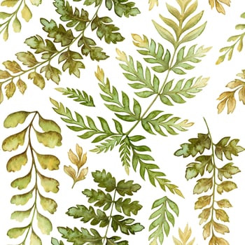 Fern leaves seamless pattern on white background. Hand drawn watercolor botanical surface with textured prehistoric foliage. Perfect for the use of ecological material and sustainable designs. vector