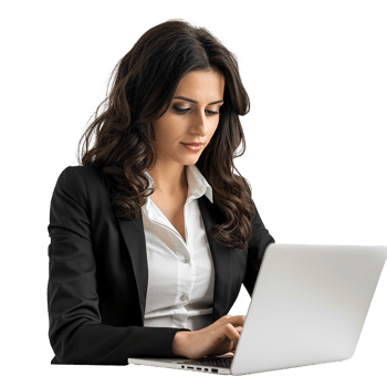 Businesswoman working on laptop modern office setting professional attire png