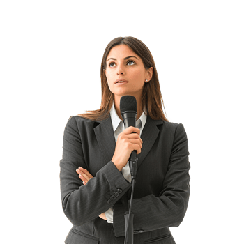 Businesswoman holding microphone thoughtful expression public speaking png