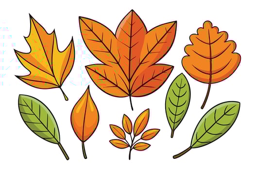 autumn leaves in a variety of shapes and colors, featuring orange and green hues, representing the beauty of the fall season vector