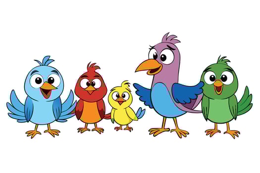 Fun and friendly cartoon birds with vibrant colors including blue, red, yellow, and green, perfect for adding a cheerful and lively touch to any project vector
