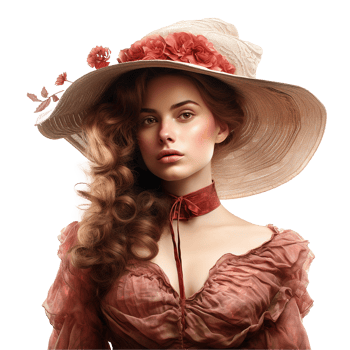 Elegant Woman in Vintage Hat and Dress Romantic Style Portrait png