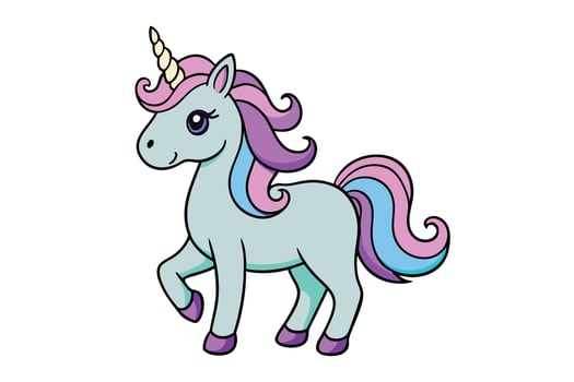 Adorable cartoon unicorn with a multi colored mane and golden horn, perfect for designs aimed at childrens books, toys, and imaginative projects vector