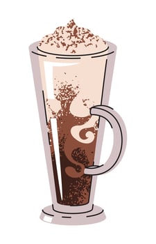 Hot coffee beverage with milk foam and chocolate. Espresso, cup of americano, cappuccino and latte in glasses. illustration of blended coffee for logo, advertising, sticker, icon. Flat illustration vector