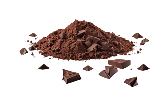 Delicious dark chocolate pieces and cocoa powder pile isolated transparent background png