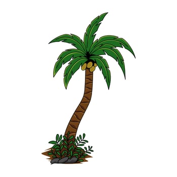 Illustration of a single coconut palm tree on a plain white background, ideal for sticker use. Design element for visual projects. vector