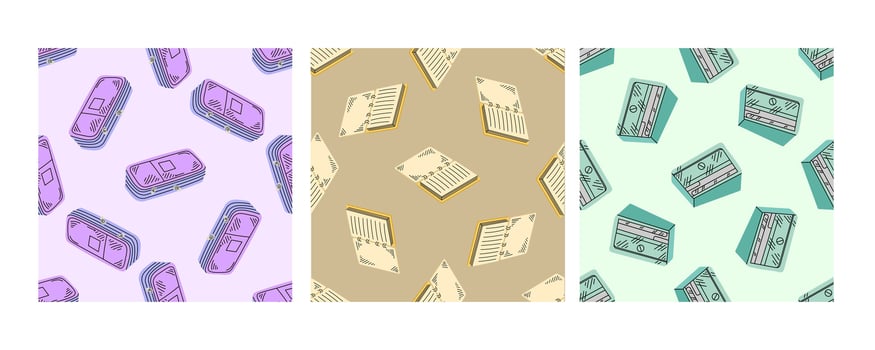 Seamless pattern with pencil cases, notebooks and sharpeners on pastel background vector