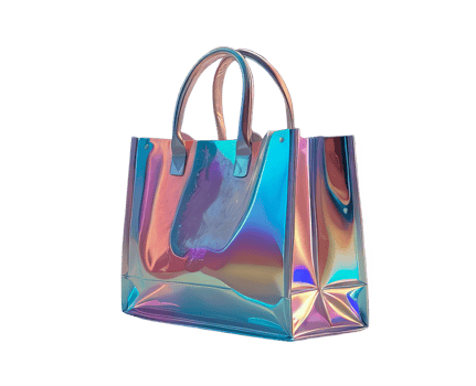 3D chrome element in Y2K style, isolated background, liquid holographic metal. Bag with rainbow design, made of plastic, shiny reflective surface. png