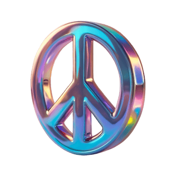 3D chrome element in Y2K style, isolated background, liquid holographic metal. Peace sign made of colorful metal, rainbow colors. png