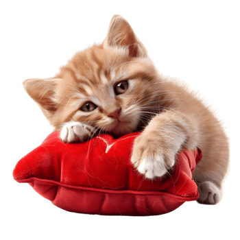 Cute ginger kitten holding a red heart pillow with tiny paws isolated on transparent background png
