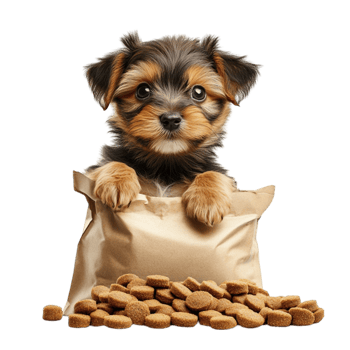 Puppy Holding Bag of Dog Food png