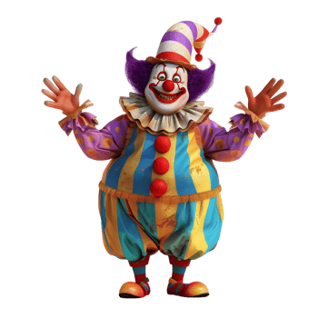 Playful clown in a vibrant costume and oversized shoes, isolated on a transparent background png