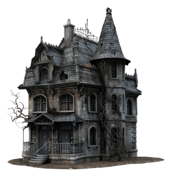 Spooky old haunted house with dark, twisted trees and an eerie atmosphere isolated on transparent background png