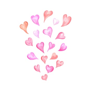 A lot of watercolor delicate pink red hearts flying up illustration. Romantic Valentine day composition for package decor, greeting cards, wedding invitation, postcard vector