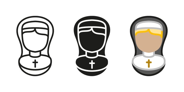 Nun icon. Christian woman illustration. Catholic female character. Religious woman dress symbol. Priestess clothes orthodoxy uniform. Holy sister church prayer symbol. Bible believer religion. vector