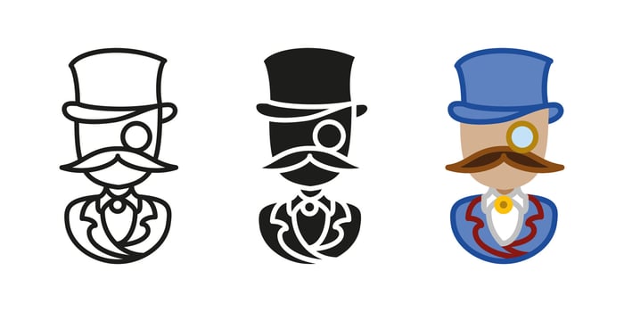 Gentleman person icon. Aristocrat character. Elegant vintage style dandy costume. Noble lord suit illustration. Retro cylinder and eyeglass monocle male portrait. Victorian classic clothing. vector