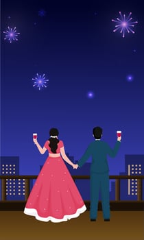 Back View of Couple Enjoying Drinks and Looking Fireworks in Sky at Roof for Celebration Concept. vector