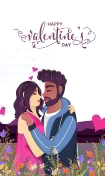 Happy Valentine's Day Greeting Card with Romantic Couple Character on Floral Background. vector