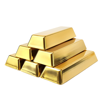 Stack of shining gold bars in a pyramid formation, isolated on a transparent background png