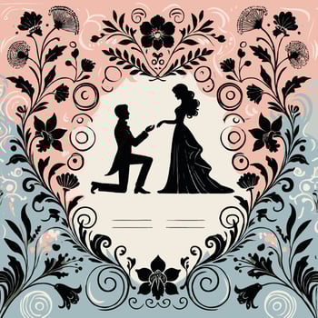 Romantic Floral Couple Illustration. Silhouette Couple Dance. Valentines Day, wreath of flowers and leaves is displayed in a white background vector
