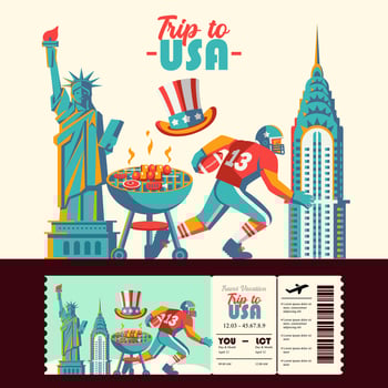 Trip to USA. Cartoon elements, Statue of Liberty, Chrysler Building and American football. Suitable for events and holidays vector