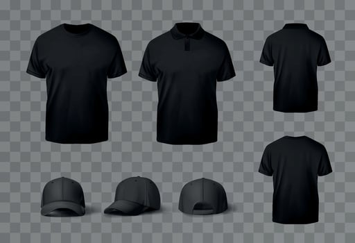 Realistic black t-shirt and black baseball caps mock up. No sleeve shirt template for designs vector