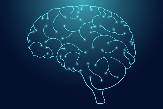 Glowing neon outline of a human brain with neural connections on a dark gradient background. Futuristic illustration for AI, technology, and neuroscience concepts vector