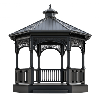 A beautiful ornate gazebo with intricate designs and a charming roof structure. png