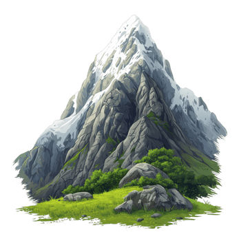 Stunning mountain peak surrounded by lush greenery and rocky terrain under a clear sky. png