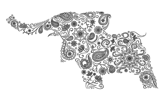 Elephant illustration in classic Indian ornament. Doodle illustration. vector