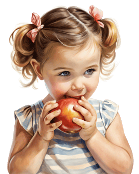 Playful girl munching on a shiny apple png
