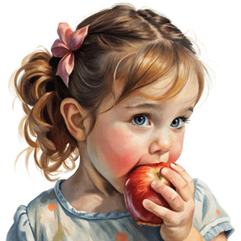 Innocent girl happily eating a juicy red apple png