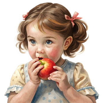 Adorable little girl with a crisp apple in hand png