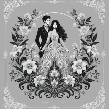 Wedding invitation card with floral frame and bride and groom. Excited bride and groom jump of joy Happy wedding, funny moments of excited couple fooling around vector