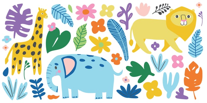 Playful jungle illustration with giraffe, lion, and elephant surrounded by tropical leaves and flowers. Great for kids' designs, safari themes, and wildlife decor vector