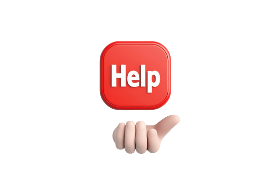 A red Help button is being supported by a hand, symbolizing assistance and support. png