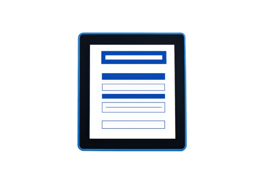 A digital form displayed on a tablet with various input fields in blue and white. png