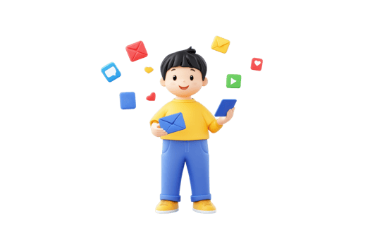 A cheerful child character holds two envelopes while colorful messages float around, embodying a playful, communicative theme. png