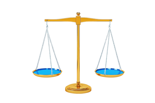 A balanced scale with blue pans symbolizes justice and equality, featuring a golden beam and a sturdy base. png