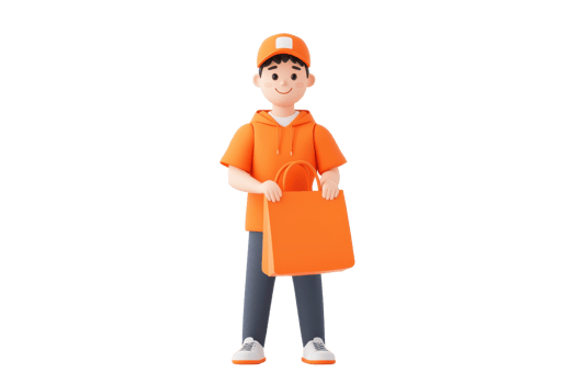A cheerful person in an orange outfit holding a shopping bag, embodying a friendly and approachable shopping experience. png