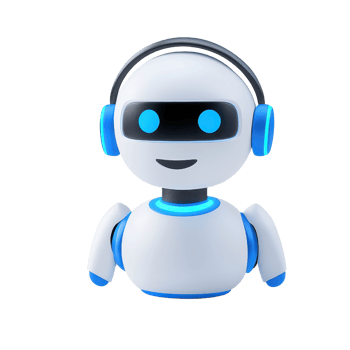 A friendly robot character with a sleek design, glowing features, and headphones, conveying a modern and approachable vibe. png