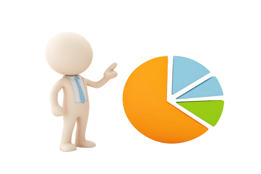 A character in business attire points to a colorful pie chart, illustrating data or statistical information. png