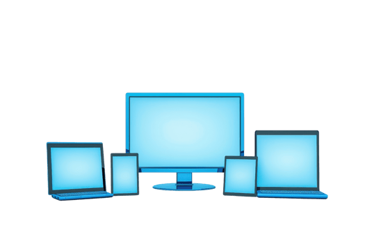 A collection of electronic devices, including a desktop monitor, laptops, and tablets, all glowing with a blue light. png