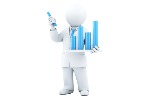 A 3D figure in a lab coat holds a test tube and presents a set of blue bar graphs, symbolizing research and analysis. png